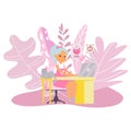 Busy young business woman working at desk typing on laptop, remote work, office at home, cute cartoon character girl