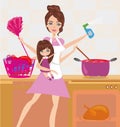 Busy young mother simultaneously doing many tasks Royalty Free Stock Photo