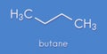 Butane hydrocarbon molecule. Commonly used as fuel gas, alone or combined with propane (LPG, liquified petroleum gas). Skeletal Royalty Free Stock Photo