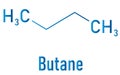 Butane hydrocarbon molecule. Commonly used as fuel gas. Skeletal formula.