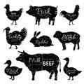 Butcher animals logo. Chicken goat turkey cow pig sheep silhouettes, farm animal butchery shop. Vector vintage black