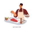 Butcher chef, cook preparing raw meat. Professional kitchen worker in culinary hat cooking beef, sprinkling steak with