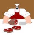 Butcher. Chef and knife for meat. Steak House cook. Vector illus