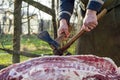 Butcher chopping meat