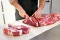 Butcher or cook slicing chuck steaks