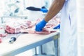 Butcher cutting the fresh meat in ham factory Royalty Free Stock Photo