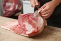 Butcher cutting fresh raw meat Royalty Free Stock Photo