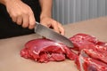 Butcher cutting fresh raw meat Royalty Free Stock Photo