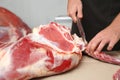 Butcher cutting fresh raw meat on counter in shop Royalty Free Stock Photo