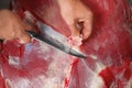 Butcher cutting fresh raw meat in shop Royalty Free Stock Photo