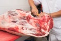 Butcher cutting meat in the butchery. Close up Royalty Free Stock Photo