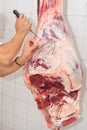 Butcher cutting meat in the butchery. Close up Royalty Free Stock Photo