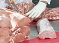 Butcher cutting pork meat