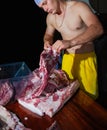 Butcher cutting pork meat on kitchen, chef cutting fresh raw meat on table