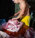 Butcher cutting pork meat on kitchen, chef cutting fresh raw meat on table