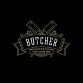 Butcher vintage logo on ribbon back vector illustration