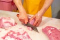 Butcher hands cutting slices of raw meat at market