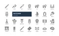 Butcher icons set featuring detailed outline illustrations of meat cuts, knives, cleavers, scales, and other butcher tools.
