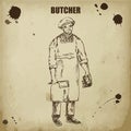 Butcher with knife and meat hand drawn sketch vector vintage illustration. Old paper butcher man poster design with beef