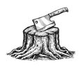 Butcher knife in tree stump. Kitchen cleaver sketch in vintage engraving style for butcher shop menu, bbq restaurant