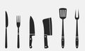 Butcher knives, grill fork and spatula. Fork and knife, meat knife, cleaver, chef, bbq fork. Butcher knives. Set of restaurant ico