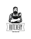Butcher Logo With Text. Man With Beard And Large Knife