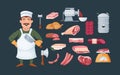 Butcher man with kitchen accessories for cutting and meat fresh steaks. Meat-grinder, knives, hammer, hatchet. Sausages, cervelat