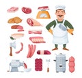 Butcher man in uniform, kitchen accessories for cutting and meat fresh steaks. Meat-grinder, knives, hammer, hatchet.