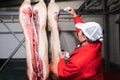 Butcher measuring pork temperature in the refrigerator at the meat manufacturing