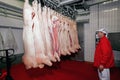 Butcher measuring pork temperature in the refrigerator at the meat manufacturing.