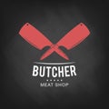 Butcher meat shop logo design. Retro butcher shop icon on chalkboard background