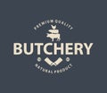 butcher meat shop product logo with crossed cleaver, cow, pig, hen silhouette