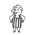 Butcher Pig Wearing Apron Hands on Hip Cartoon Black and White