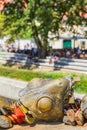 Ljubljana, Slovenia - August 16, 2018: A bronze sculpture by Slovenian artist Jakov Brdar covered by tourists' love padlocks