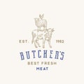 Butcher Shop Abstract Vector Sign Template. Hand Drawn Cow, Sheep and Chicken Sillhouettes standing on each other like