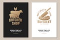 Butcher shop Badge or Label with cow, pig, chicken,beef. Vector. Vintage typography logo design with cow, pig, chicken