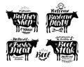 Butcher shop, barbecue party label set. Meat, beef steak, bbq icon or logo. Lettering vector illustration Royalty Free Stock Photo