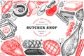 Butcher shop hand drawn vector banner template. Retro style