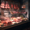 Butcher shop interior, many different types of meat, sausages, ham on the counter, excellent food background