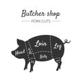 Butcher Shop Label, Pork Cuts, Farm Animal with Meat Cuts Lines, Vintage Black and White Vector Illustration