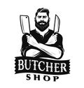 Butcher Shop label vector. Farm meat emblem. Chef holding knives cleaver for restaurant menu badge Royalty Free Stock Photo