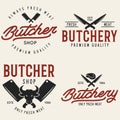 Butcher shop labels badges emblems set. Butchery store advertising design elements collection. Meat shop typography