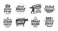 Butcher shop, labels. Meat, beef, pork, lamb set icons. Lettering vector illustration Royalty Free Stock Photo