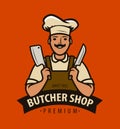Butcher shop logo or label. Chef with kitchen knives vector illustration Royalty Free Stock Photo