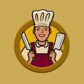 Butcher shop logo or label. Chef with knives vector illustration Royalty Free Stock Photo