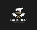 Butcher shop logo template. Cow and meat cleaver knife vector design Royalty Free Stock Photo