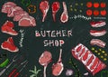 Butcher Shop. Meat Cuts - Beef, Pork, Lamb, Steak, Boneless Rump, Ribs Roast, Loin and Rib Chops. Tomato, Olives, Bell Pepper, Oni