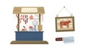 Butcher Shop or Meat Market with Stall and Hanging Sausage Vector Set