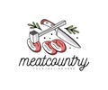 Butcher shop, meat, rosemary, knife and meat tenderizer mallet, logo design. Hammer for tenderizing steak out chicken, pork, veal, Royalty Free Stock Photo