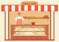 Butcher Shop. Meat Seller. Store shelves with different kind of Cheese set.